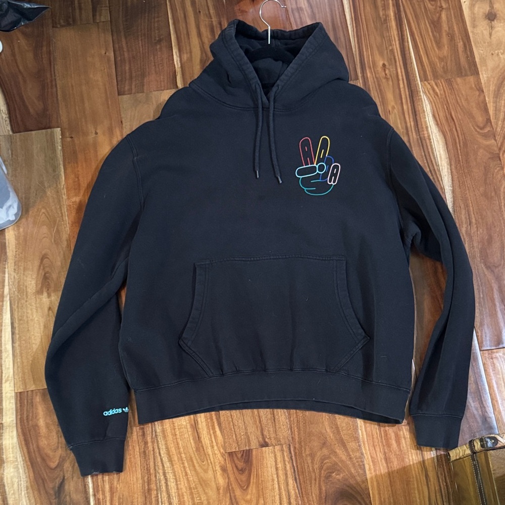 adidas Black Hoodie with Multicolor Peace Hand Graphic